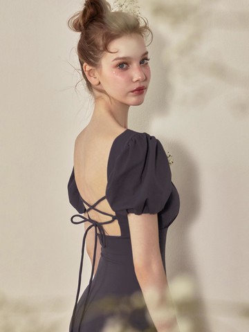 Ruer Puff Shirring Back-Strap Monokini [Navy]
