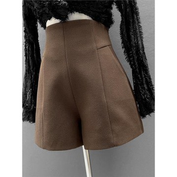 毛呢厚短褲女秋冬 高腰A版修身顯瘦闊腿褲黑色工作通勤西裝打底褲