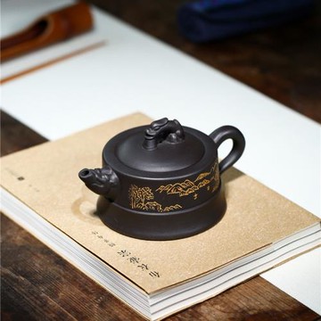 家用泡茶壺宜興全手工刻繪紫砂壺原礦烏金泥中式復古功夫茶具單壺