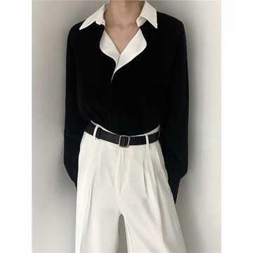 雨東林/小眾大翻領拼接撞色個性襯衫男寬松休閑韓版痞帥長袖襯衣