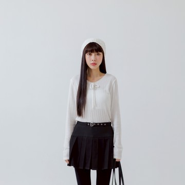 QUEENSHOP_F 女裝 長袖 坑條蝴蝶結綁帶圓領上衣 四色售 現+預 【01099199】