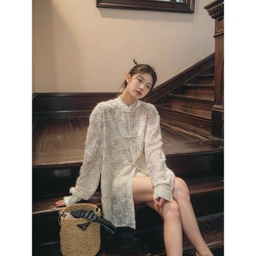 復古新中式盤扣襯衫女夏薄款防曬國風外套設計感小眾蝴蝶印花上衣