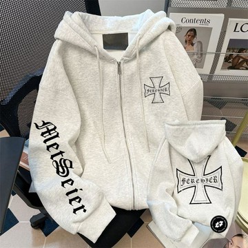 重磅衛衣秋季情侶裝洋氣百搭衛衣開衫女美式hiphop哥特式字母外套男生春秋長袖運動風外衣 男生新款運動休閒外套 男生運動