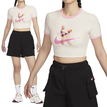 Nike AS NSW TEE SLIM CRP GCEL 女款 米白粉色 短版 法鬥 上衣 短袖 HM4621-133