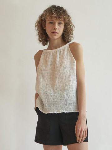 Crinkle back ribbon top (White)