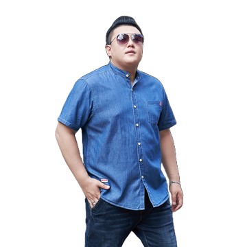 【XL-8XL】襯衫 牛仔襯衫 韓版立領短袖襯衫 丹寧牛仔衣 超大尺碼襯衫 高品質男生襯衫 百搭舒適牛仔短袖上衣 現貨