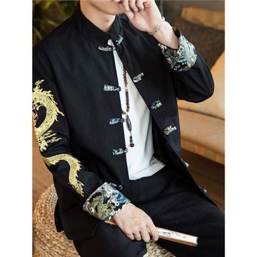 立領克外套男春秋季中國風男裝古風潮流刺繡青年中山裝新中式唐裝