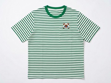 100% 純棉 Oversize 條紋綠 T 恤，繡有「Hide&seek 暹羅貓」圖案。