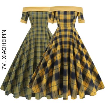 歐美英倫赫本風氣質一字領短袖收腰大擺中長款過膝蓬蓬格子連衣裙