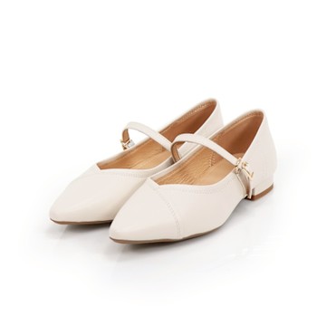 viina尖頭真皮細帶瑪莉珍鞋-白