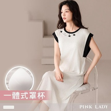 【PINK LADY】任-罩杯式 連身睡裙 伶步貓語 撞色素色螺紋 (女睡衣/春夏/印花)13139