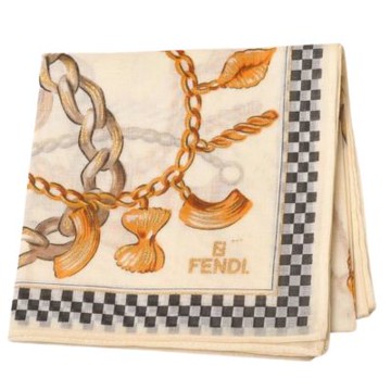 FENDI 格紋邊飾鏈飾印花圖騰品牌LOGO帕領巾(米白色/46CM)