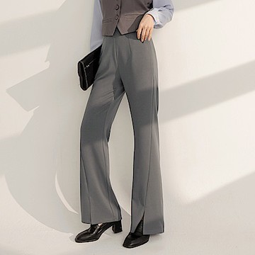 彈力腰鬆緊弧形切線開衩長褲-OB大尺碼