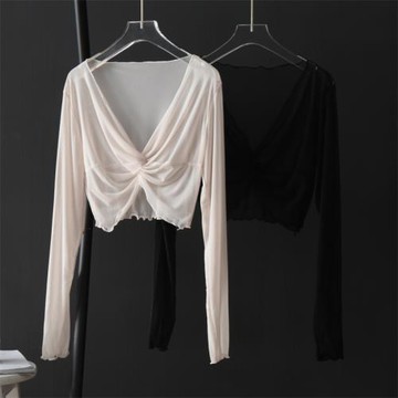 紐結V領網紗衫女夏2025新款修身顯瘦短款透明褶皺防曬衫吊帶罩女
