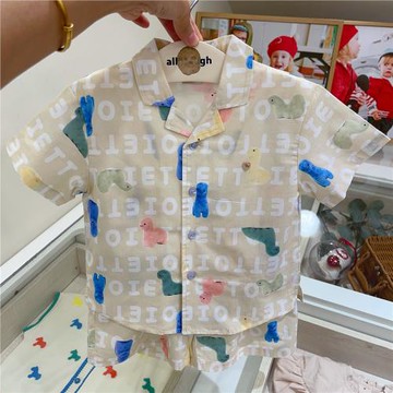 出口韓國童裝 24夏新款男女寶兒童短袖翻領字母可愛套裝 休閑洋氣