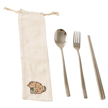 YCCT 316不鏽鋼筷叉匙收納袋4件組 貓咪  筷子 + 叉子 + 湯匙 + 收納袋  1套  米色