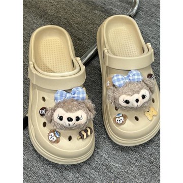 可愛毛絨小熊洞洞鞋女2024夏季新款外穿厚底增高包頭兩穿涼拖鞋潮