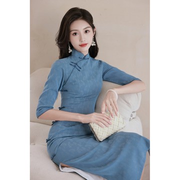 【桃喜Rich】中袖旗袍 春秋季新款女民國風文藝復古素雅端莊改良旗袍 藍色旗袍日常生活可穿 新中式洋裝