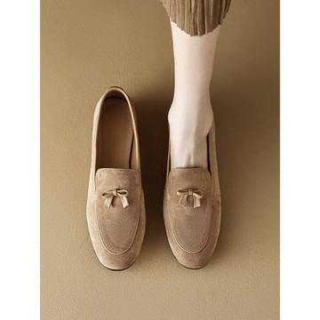 2023年新款英倫單鞋女淺口樂福鞋羊翻皮圓頭平底真皮一腳蹬小皮鞋