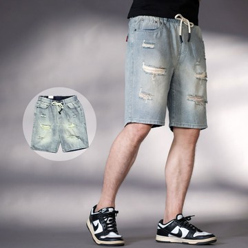 【NB1917J】淺藍復古刷色刷破抽鬚抽繩牛仔短褲 男短褲(UC7156)