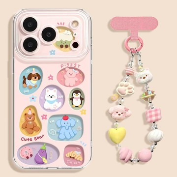 韓系鏤空手機殼適用蘋果17promax透明16帶掛鏈15動物iPhone套