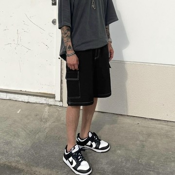 【PAGANS STORE】韓國 反車線 工裝 寬鬆 側口袋 抽繩 彈力 質感 潮流 重裝 特殊面料 短褲