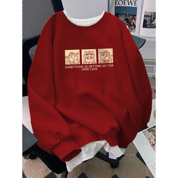 馬年本命年秋冬加絨加厚假兩件紅色衛衣女款大碼oversize外套上衣