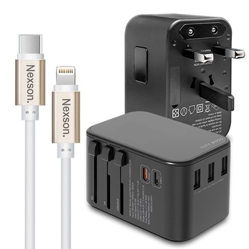 city萬用轉接頭急速充電器33w pd快充-黑+蘋果認證mfi c to l pd線150cm-金