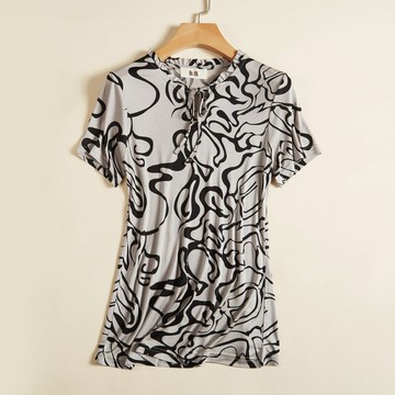 現貨+預購 絲質T恤絲質上衣-復古印花綁帶寬鬆女上衣5色74fd28【獨家進口】【米蘭精品】