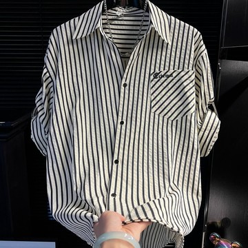 夏季新款韓系條紋翻領短袖襯衫男士輕奢痞帥透氣涼感休閒潮流襯衫