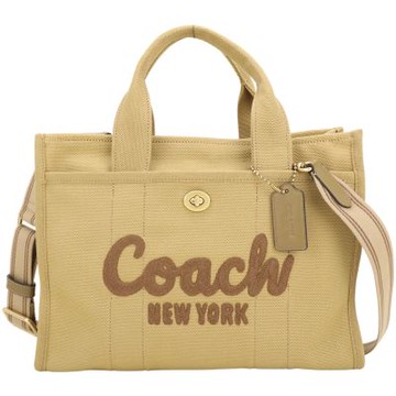 COACH CARGO 34CM 草寫字母刺繡銀旋釦帆布手提/斜背托特包(駝色)