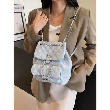 菱格繡線女式雙肩包2025新款休閑百搭鏈條后背包超火牛仔布小書包