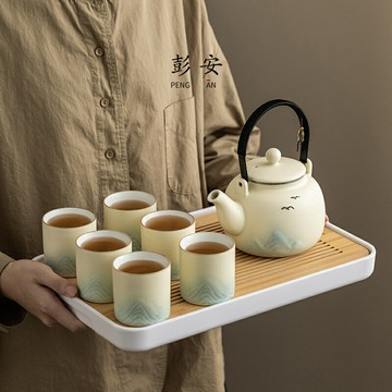 茶壺 現代簡約陶瓷茶具組 一壺六杯中式功夫茶具 德化白陶千里江山茶具