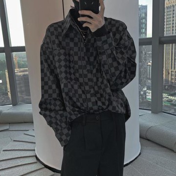 法式小香風外套男高級感復古寬松格子襯衣ins網紅爆款帥氣黑襯衫