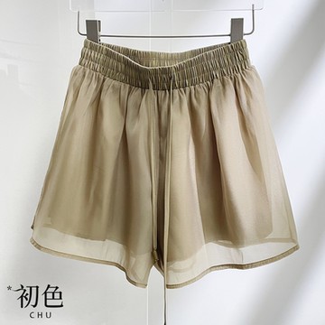 初色 輕薄柔紗雙層鬆緊抽繩五分褲休閒褲寬褲短褲-共3色-36830(M-XL可選)