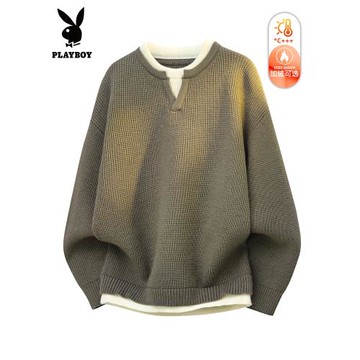 花花公子假兩件毛衣男士冬季加厚絨休閑圓領內搭針織衫保暖毛線衣