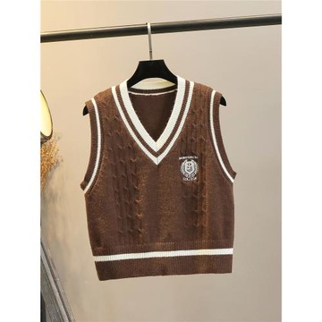 學院風針織馬甲背心女短款春秋外搭坎肩v領條紋無袖毛衣馬夾上衣