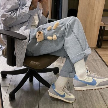 小熊褲子男直筒寬松情侶港風牛仔褲韓版潮流百搭春季闊腿老爹長褲