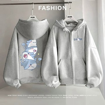心動指數100% 外套 女 日系小鯊魚 連帽外套 大學t外套 長版外套 帽t 女生外套 花灰色外套 正韓外套 保暖外套