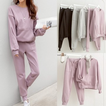 白鳥麗子 [現貨快出] 休閒口袋落肩長袖上衣+彈性抽繩直筒縮口褲韓國製