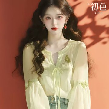 初色 雪紡綁繩印花蝴蝶半開領長袖喇叭袖防曬襯衫上衣-綠色-38183(M-3XL可選)