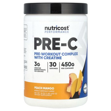 Nutricost, 表現提升，Pre-C，肌酸鍛鍊前複合補劑，桃子芒果味，1 磅（450 克）