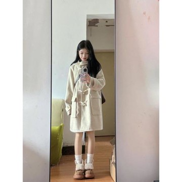 牛角扣連帽呢子大衣女中長款2024秋冬新款毛呢外套冬天小個子韓系