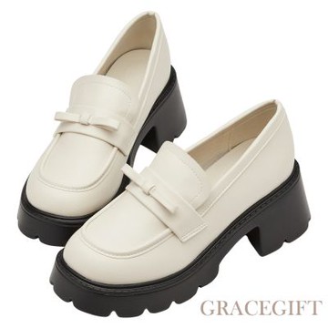 【Grace Gift】清甜學院風蝴蝶結輕量厚底樂福鞋 米白