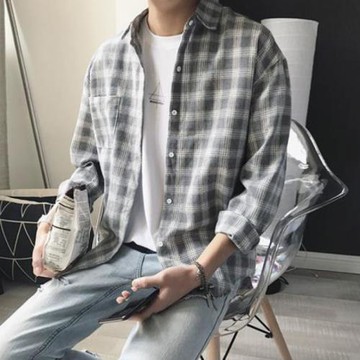 格子襯衫男春秋工作防曬服長袖冰絲港風ins耐磨寬松外套春秋襯衣