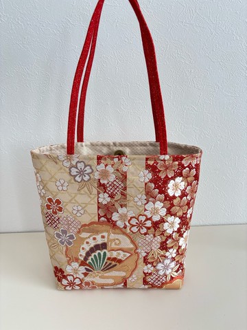 二手和服腰帶改造 紅金祥瑞圖騰 扇舞蝶櫻托特包