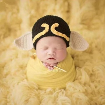 新生兒小豬造型攝影道具寶寶照相帽子嬰兒滿月拍照豬八戒毛線帽