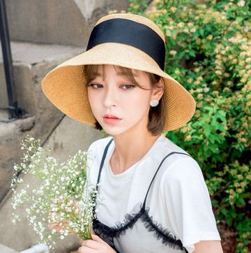 韓風簡約飄帶細編織大檐帽圓頂盆帽可折疊草帽遮陽帽沙灘帽夏天女1入