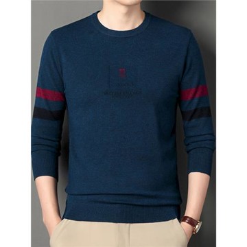 秋季薄款圓領羊毛衫男士時尚休閑針織打底衫男刺繡套頭毛衣