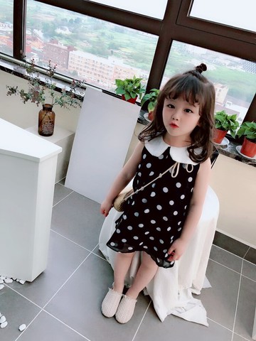 夏裝 中小童圓點兒童連衣裙 女童寶寶小清新娃娃領背心裙子1入